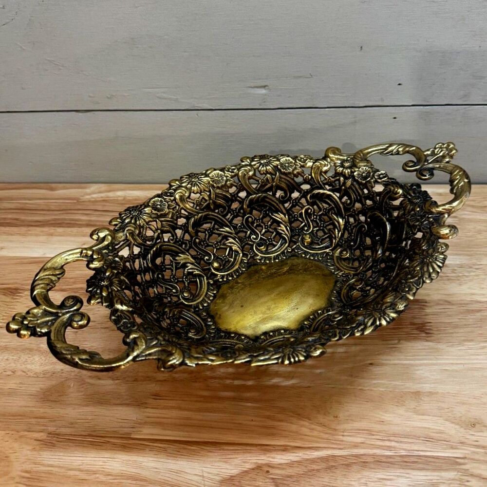 Vintage Italian Brass Basket Featuring a Floral Openwork Design 13"L  8"W 3"H